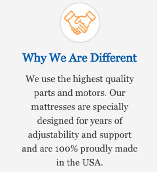 Screenshot from Easy Rest website: "Why We Are Different.  We use the highest quality parts and motors.  Our mattresses are specially designed for years of adjustability and support and are 100% proudly made in the USA."