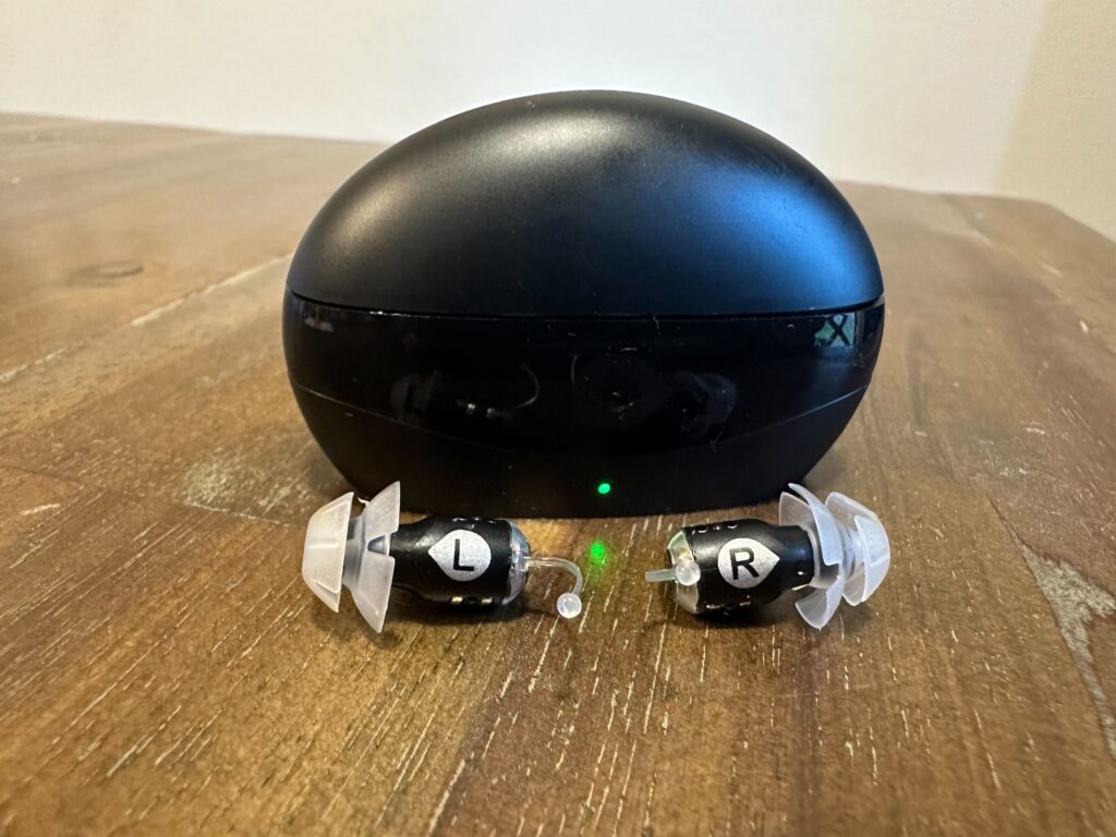 Eargo SE hearing aids and charging case