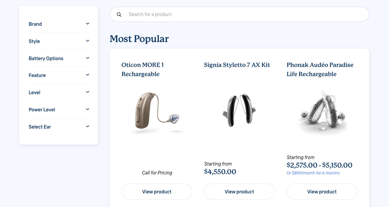 Yes Hearing Product Search Screenshot