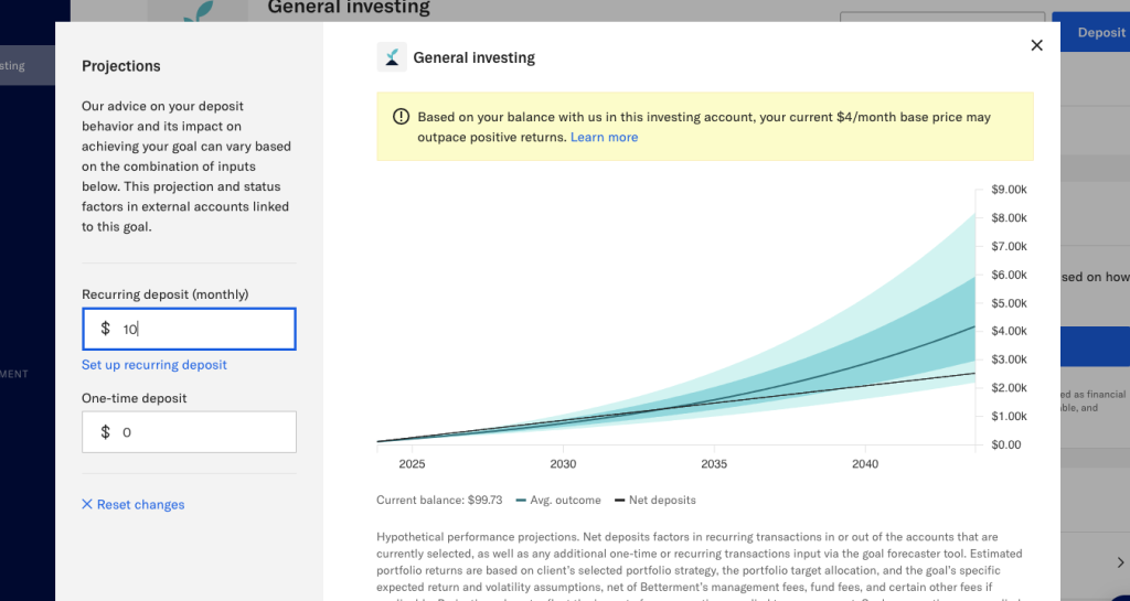 Betterment Projections tool. Source: Retirement Living’s Betterment account dashboard