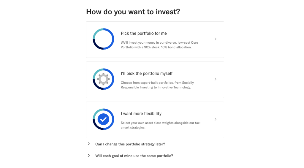 Screenshot of Betterment’s signup process and investment options. Source: Retirement Living’s Betterment account dashboard.