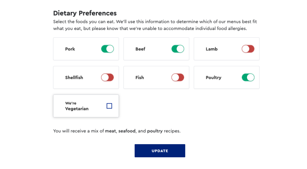 Blue Apron’s menu of pre-defined dietary preferences. Source: Retirement Living’s Blue Apron account dashboard