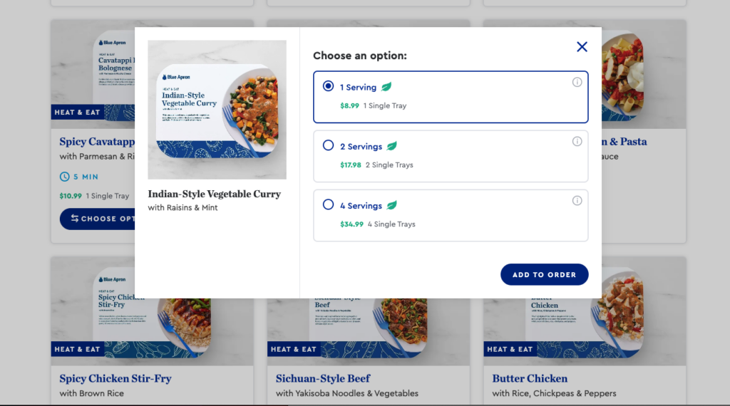 Blue Apron’s “Heat & Eat”  meal add-on options. Source: Retirement Living’s Blue Apron account dashboard