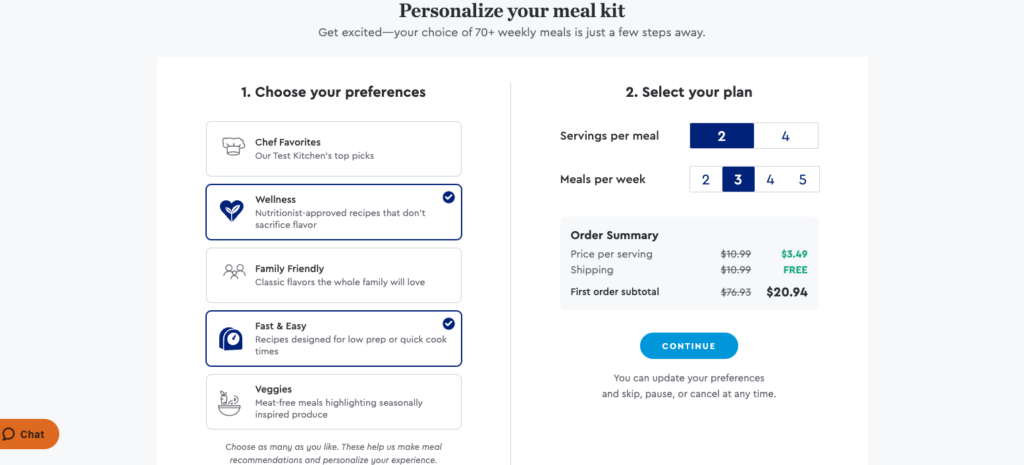 Blue Apron sign-up process for choosing meal preferences. 