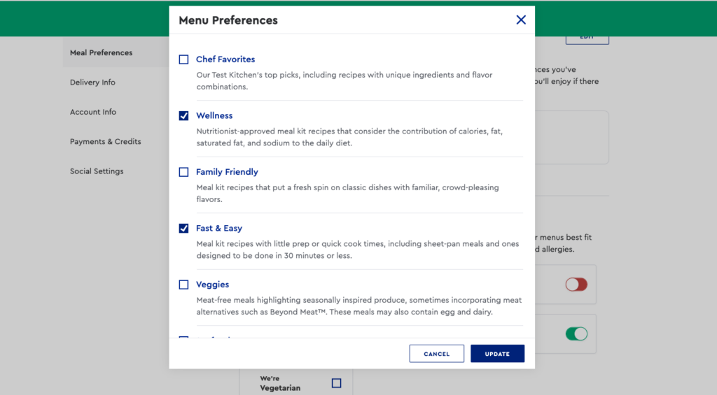 Blue Apron sign-up process for choosing meal preferences. Source: Retirement Living