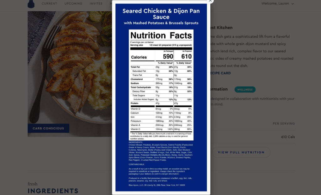 Blue Apron nutrition label