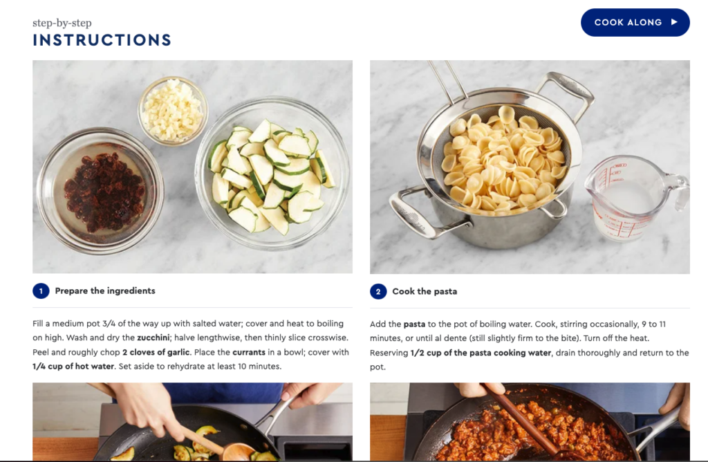 Website instructions for cooking Blue Apron’s “Ground Pork Ragu and Orecchiette Pasta” recipe. Source: Retirement Living’s Blue Apron account dashboard.