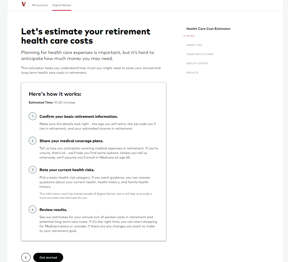 Screenshot of Vanguard's health care cost estimator. Source: Retirement Living’s Vanguard Digital Advisor dashboard