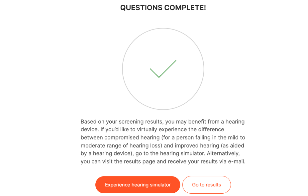 Our results page after taking Eargo's online hearing test, and its hearing simulator. Source: Retirement Living