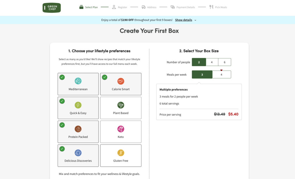 Choose your "lifestyle preferences" as you create your first meal box with Green Chef.