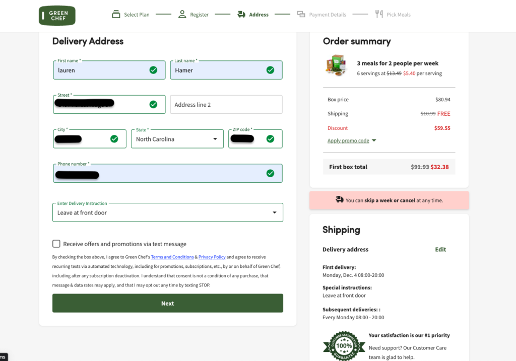 Green Chef shipping and delivery settings.