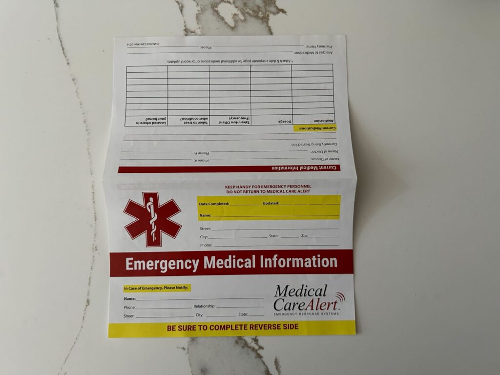 The emergency information form is included with all medical alert packages.