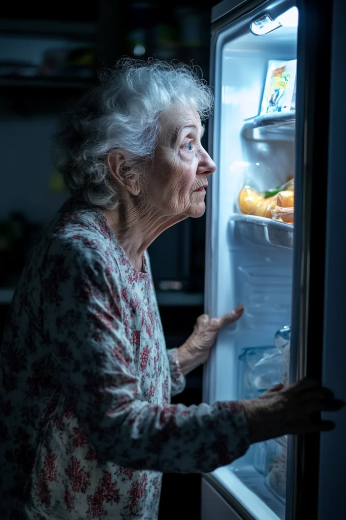 an elderly woman with a concerned expression on her face looks into her bare refrigerator